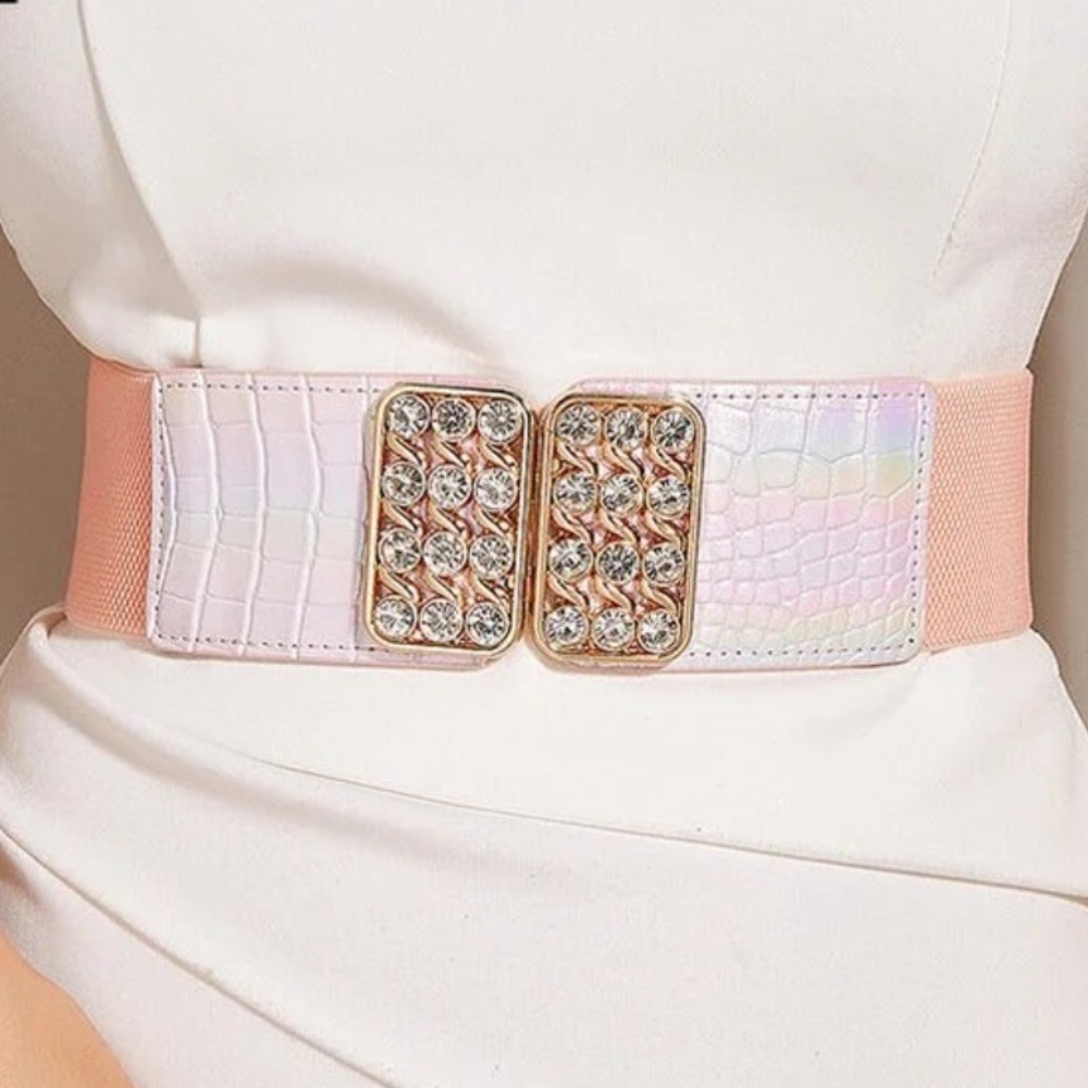 Pink Elastic Leather Jeweled Fashion Belt
